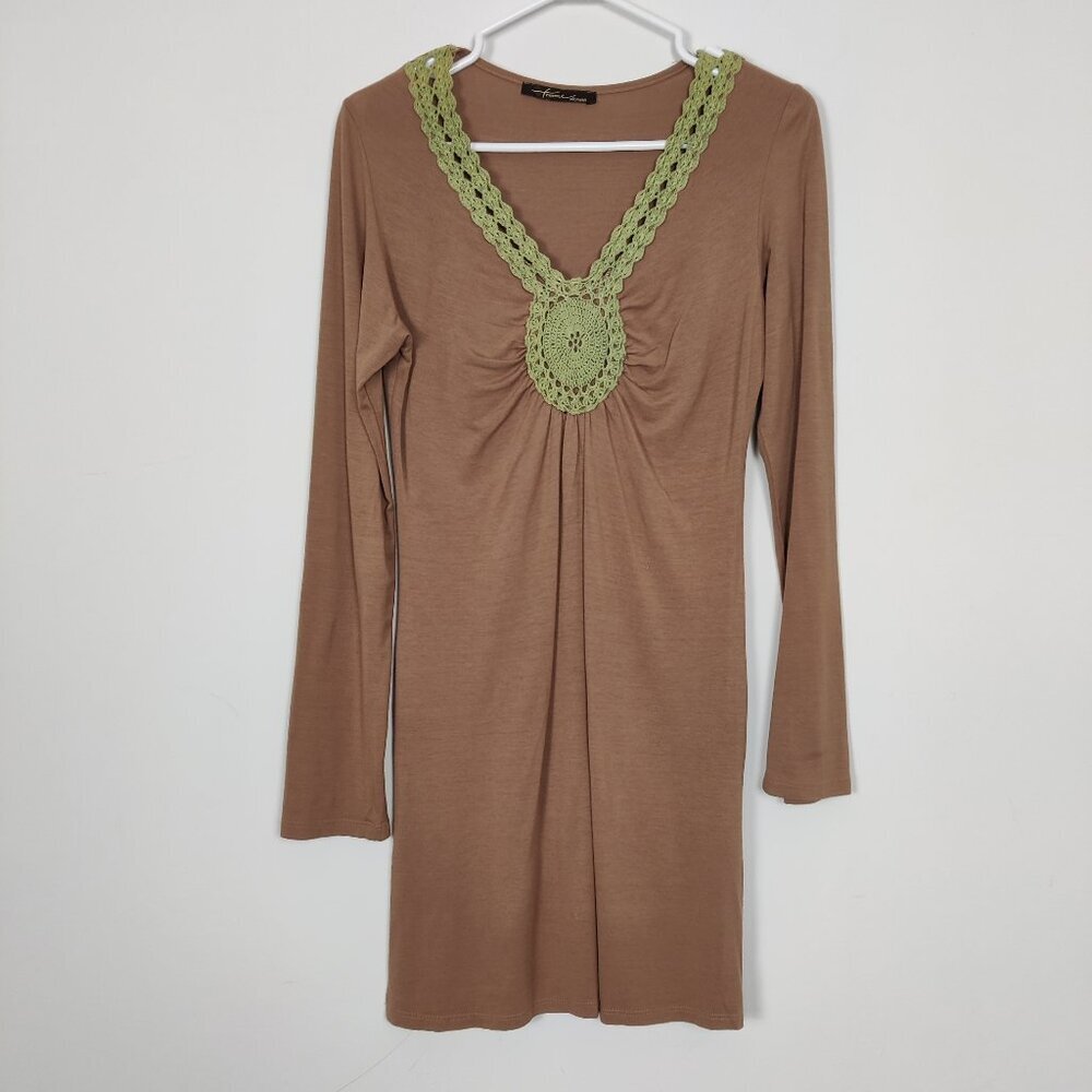 Frame De Paris Women's Blouse Size XS Tan Green Crochet V Neck Bodycon Y2K Style